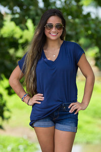 The Perfect Piko Rolled Short Sleeve V-Neck Top-Navy