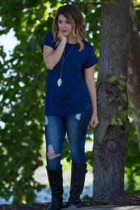 The Perfect Piko Rolled Short Sleeve Top-Navy