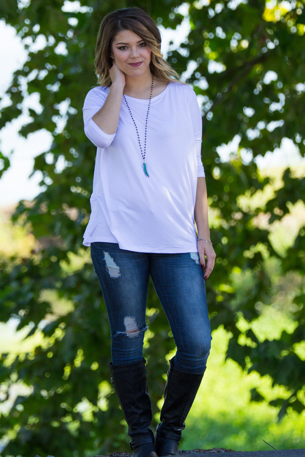 The Perfect Piko 3/4 Sleeve Top-White